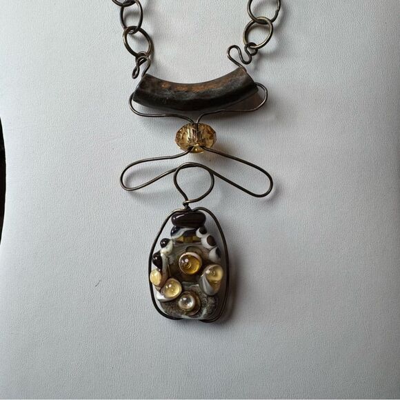 Vintage Handmade Unique Gold Wire and Stone Pendant Necklace - Picture 2 of 8